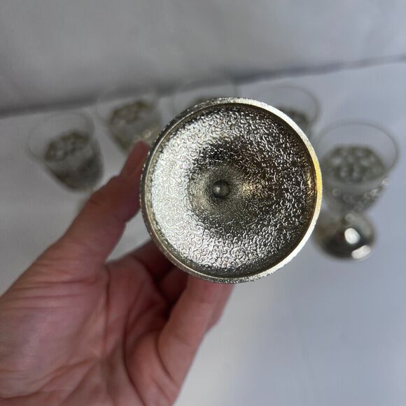 Cordial Liqueur Glasses Silver Filigree Holders Glass Inserts Set of 6 VTG MCM - Picture 6 of 7